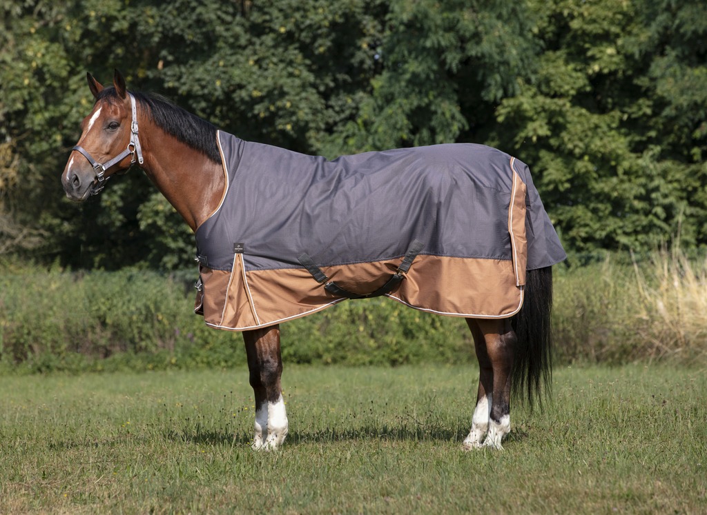 EQUITHÈME TYREX 600D "Aisance" High Neck Weidedecke, 300g Füllung, grau/braun, Pferdedecke