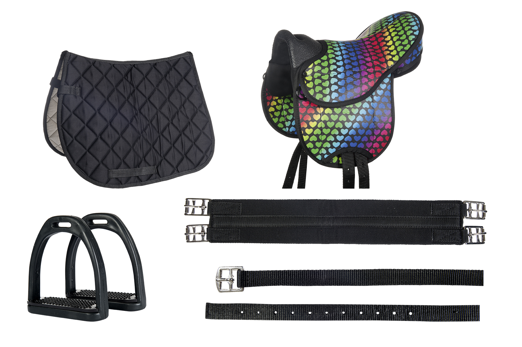 Shettysattel-Set "Colourful", schwarz/Herzen